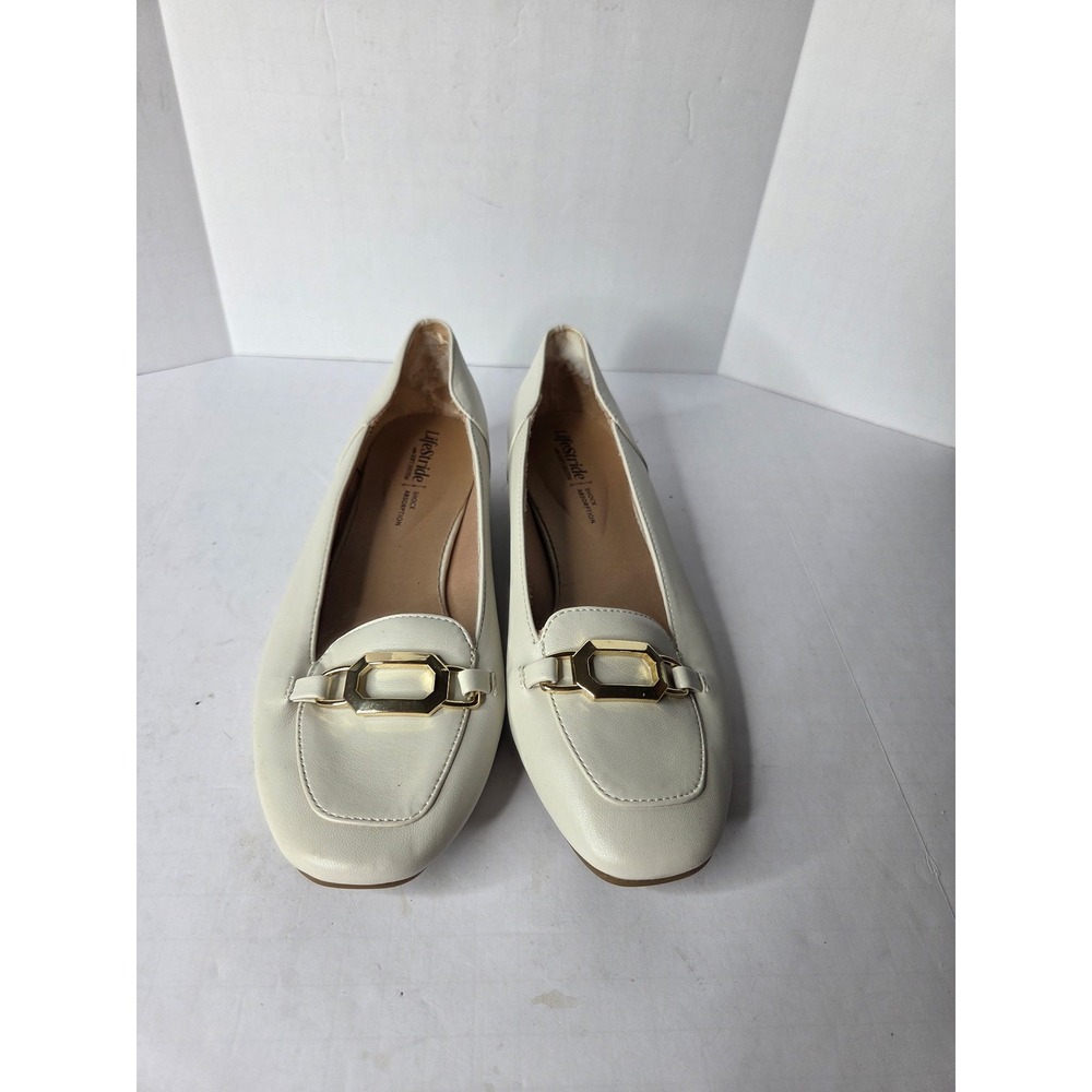 LifeStride Celine Womens 6M Cream Loafer Gold Buckle Soft System Block Heel Flat